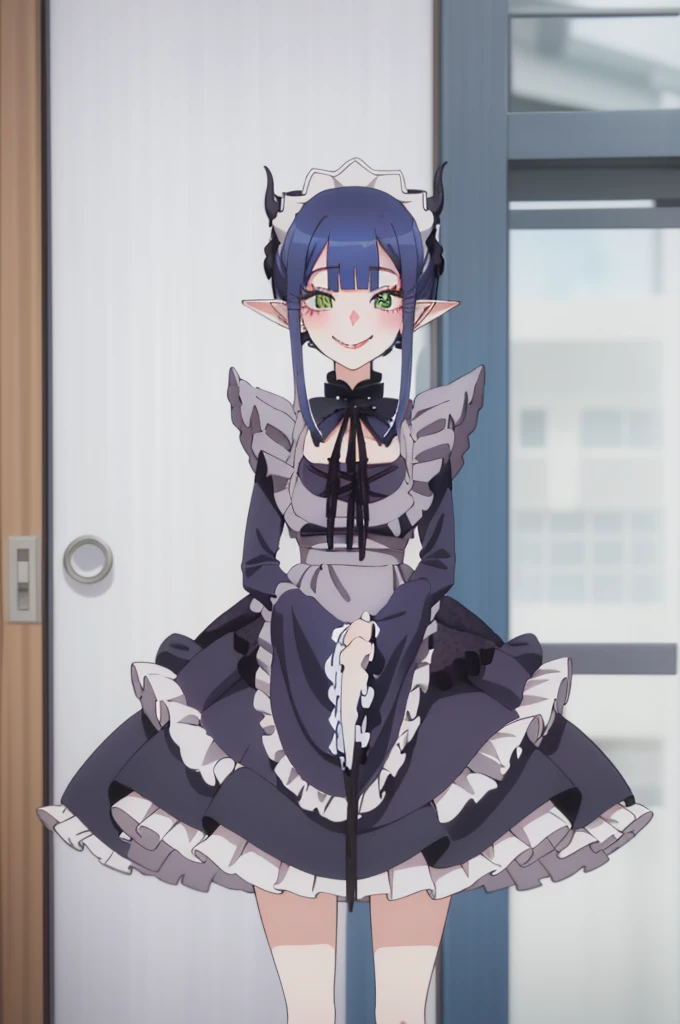 1girl, cowboy shot, 
rizu-kyun, maid, thighhighs,, masterpiece, best quality, highly detailed,((blue hair)),frilled mini skirt,white maid clothes,((evil smile)),