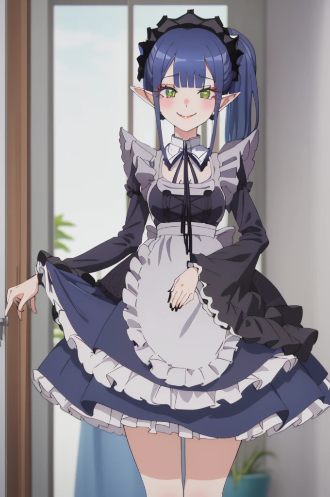 1girl, cowboy shot, 
rizu-kyun, maid, thighhighs,, masterpiece, best quality, highly detailed,((blue hair)),frilled mini skirt,white maid clothes,((evil smile)),