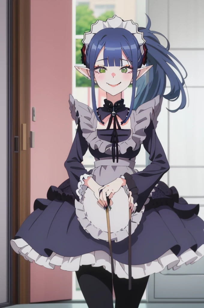 1girl, cowboy shot,
rizu-kyun, maid, thighhighs,, masterpiece, best quality, highly detailed,((blue hair)),frilled mini skirt,white maid clothes,((evil smile)),