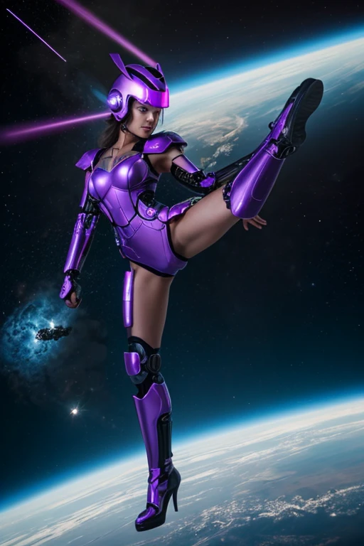 Luciwilde is a sexy cyborg with a entirely electric purple metallic body(obviously mechanical), metal helmet stylized as a fashion model hairdo (no hair visible), and a completely human face. She is flying through space propelled by jets in her feet. She has a guitar with a laser rifle built into it. Full body shot, show all of her, action pose with her weapon, best quality, extreme attention to detail, beautiful face