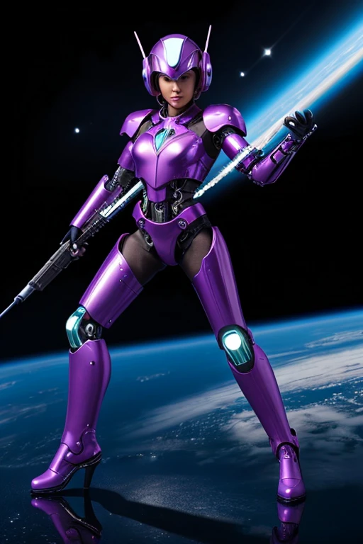 Luciwilde is a sexy cyborg with a entirely electric purple metallic body(obviously mechanical), metal helmet stylized as a fashion model hairdo (no hair visible), and a completely human face. She is flying through space propelled by jets in her feet. She has a guitar with a laser rifle built into it. Full body shot, show all of her, action pose with her weapon, best quality, extreme attention to detail, beautiful face