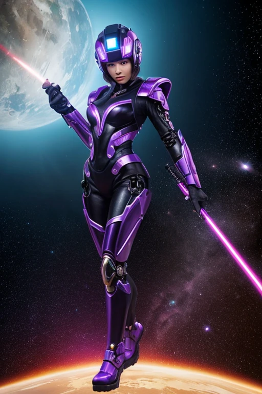 Luciwilde is a sexy cyborg with a entirely electric purple metallic body(obviously mechanical), metal helmet stylized as a fashion model hairdo (no hair visible), and a completely human face. She is flying through space propelled by jets in her feet. She has a guitar with a laser rifle built into it. Full body shot, show all of her, action pose with her weapon, best quality, extreme attention to detail, beautiful face
