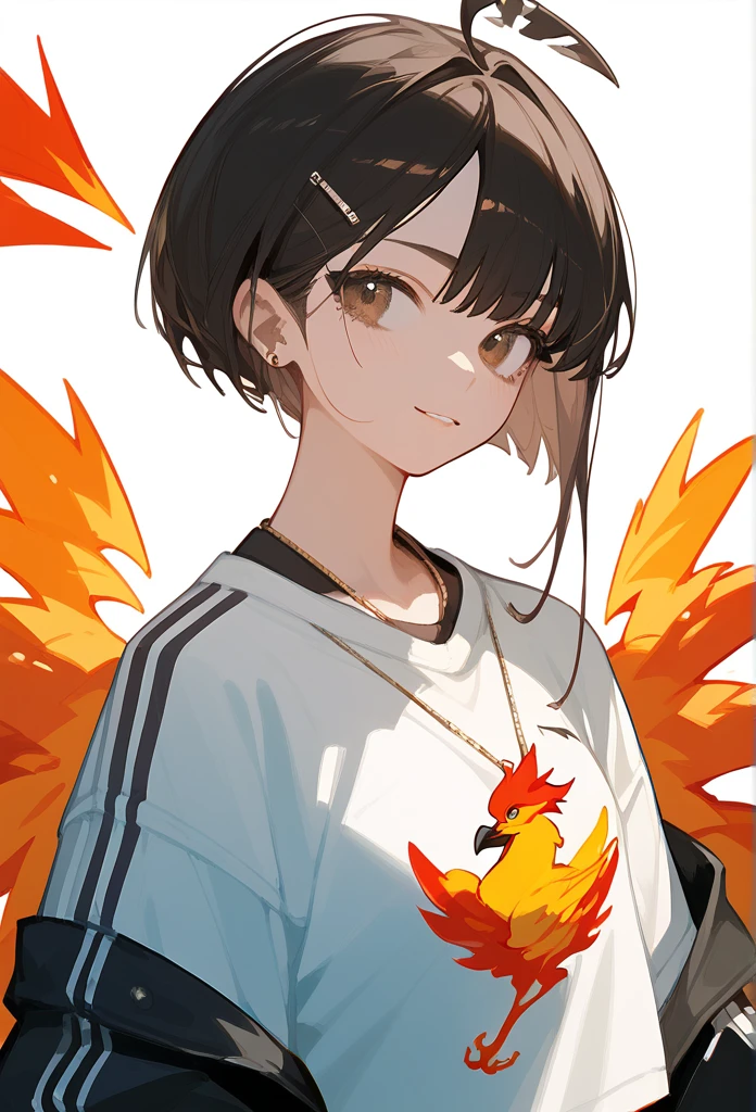 Guna girl with brown eyes black hair loose rapper clothes and a phoenix in the background