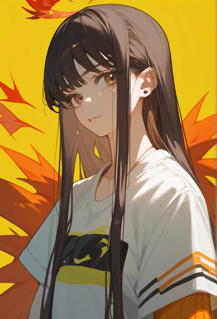 Guna girl with brown eyes black hair loose rapper clothes and a phoenix in the background