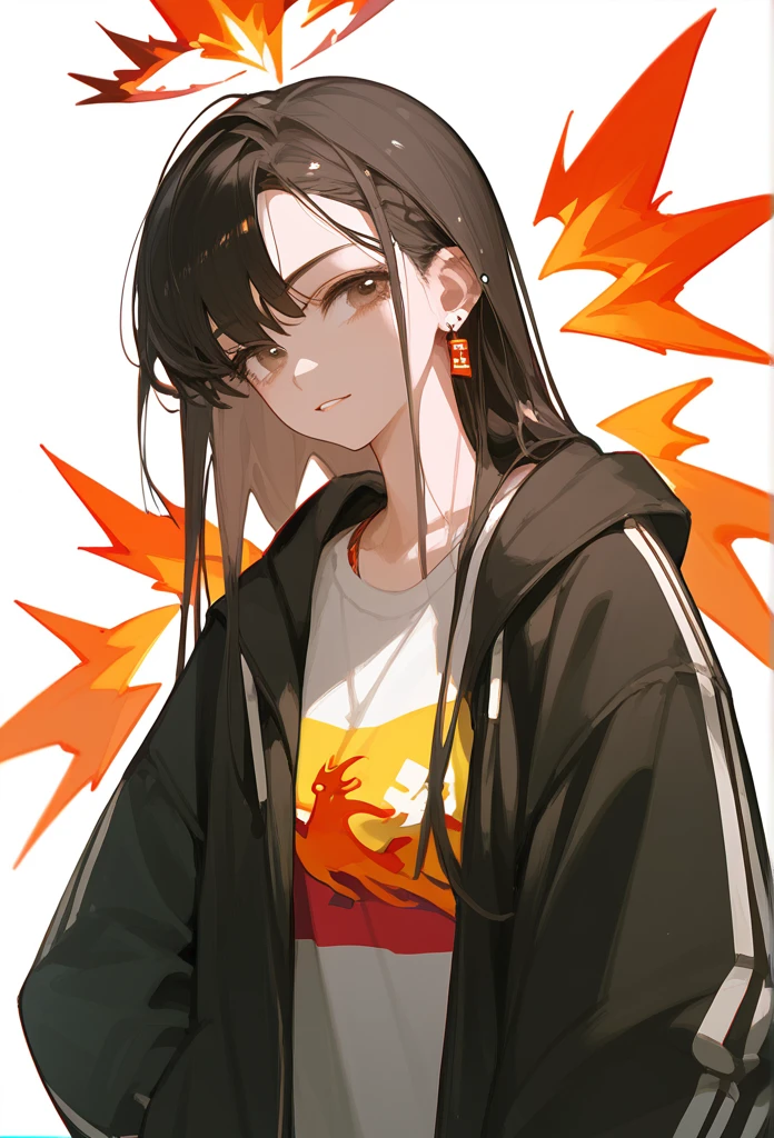 Guna girl with brown eyes black hair loose rapper clothes and a phoenix in the background