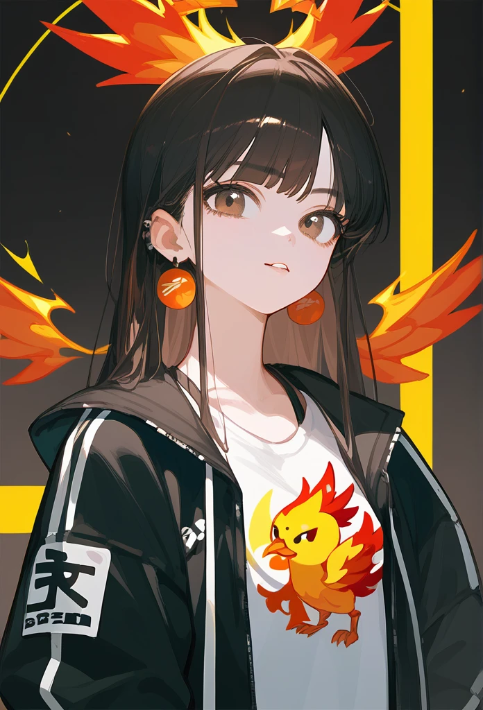 Guna girl with brown eyes black hair loose rapper clothes and a phoenix in the background