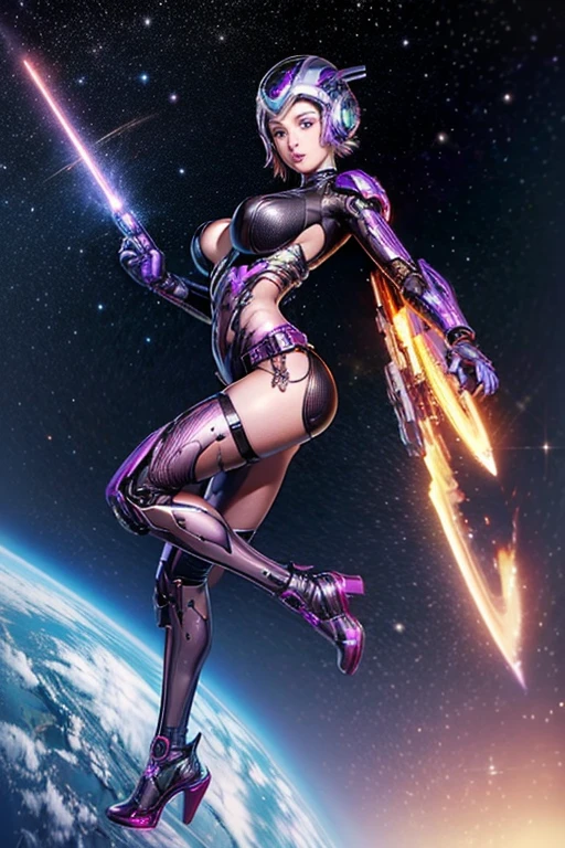 Luciwilde is a sexy cyborg with a entirely electric purple metallic body(obviously mechanical), metal helmet stylized as a fashion model hairdo (no hair visible), and a completely human face. She is flying through space propelled by jets in her feet. She has a guitar with a laser rifle built into it. Full body shot, show all of her, action pose with her weapon, best quality, extreme attention to detail, beautiful face
