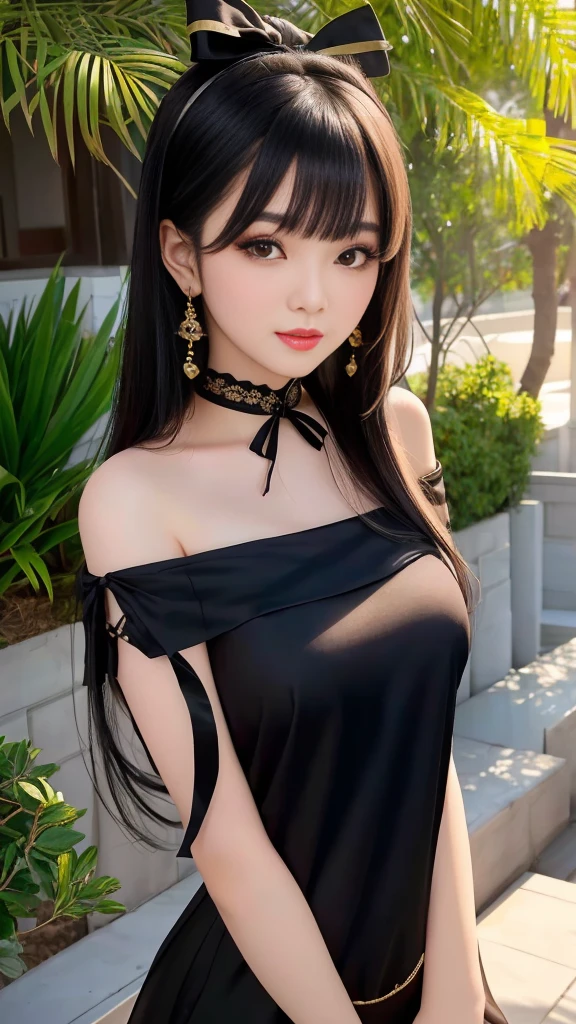 (Arabian style Asian woman wearing black top and black ribbon), Delicate and beautiful skin, Silky smooth hair, beautiful Asian Girl, Realistic young gravure idol, Trending on cgstation, Gorgeous Chinese Model, Chinese Girl, Japanese Model, Beautiful breasts, Young and pretty Asian face, young Asian Girl, It&#39;s hot with the shining sun, pretty girl, Asian Girl, Trending on cgstation, (beautiful girl, , cute beautiful face), (Sexy side bangs:1.2), (Detailed eyes and face;1.3, Professional photography techniques)