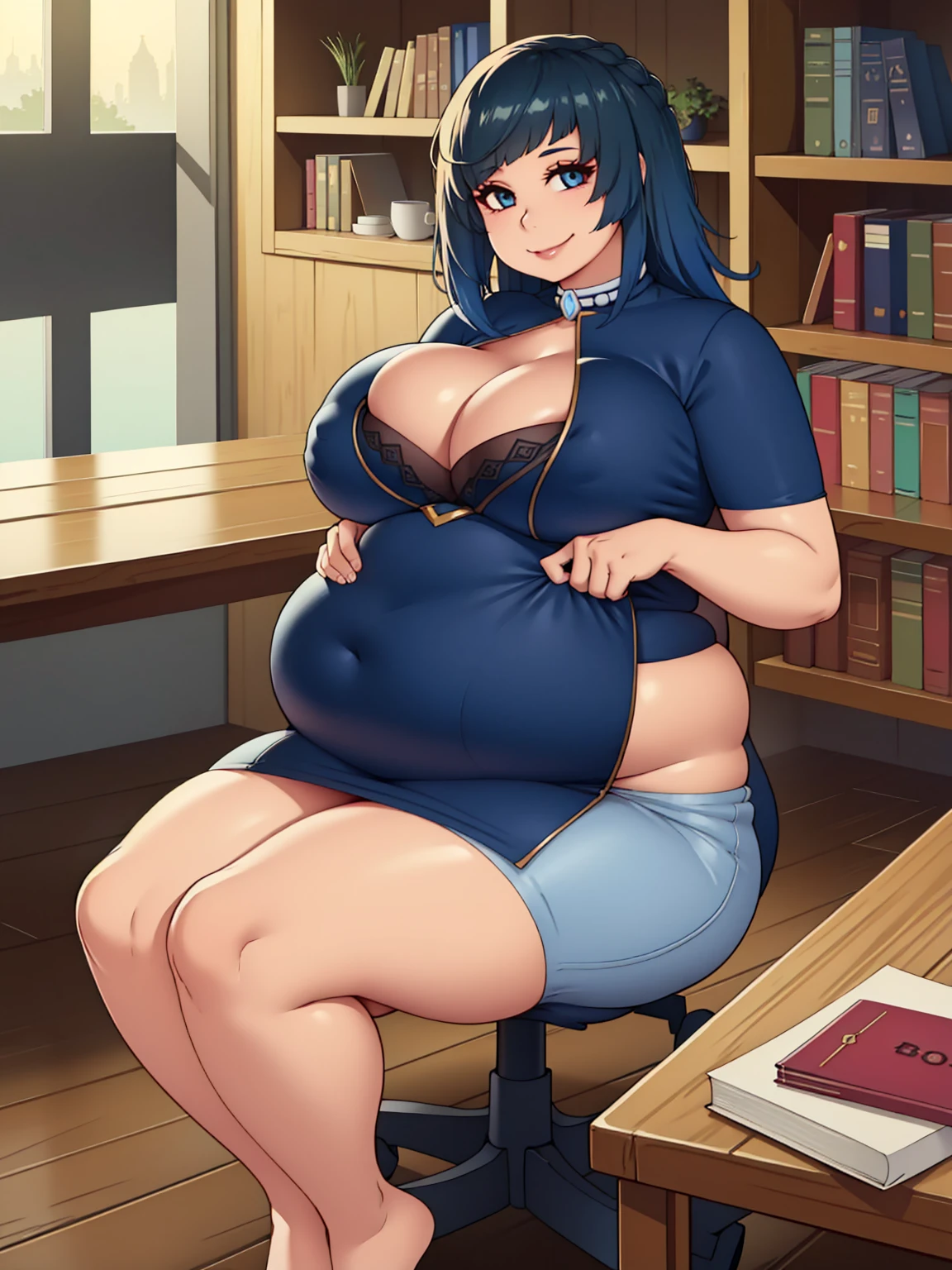 Book, (Full body:1.1)(Big breasts:1.2),smiling, flirty, cute Sfw, yelan, default clothing, library sitting at table, wooden table, wooden chair, tablecloth, tea , looking at viewer, (chubby),