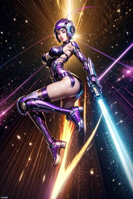 Luciwilde is a sexy cyborg with a entirely electric purple metallic body(obviously mechanical), metal helmet stylized as a fashion model hairdo (no hair visible), and a completely human face. She is flying through space propelled by jets in her feet. She has a guitar with a laser rifle built into it. Full body shot, show all of her, action pose with her weapon, best quality, extreme attention to detail, beautiful face