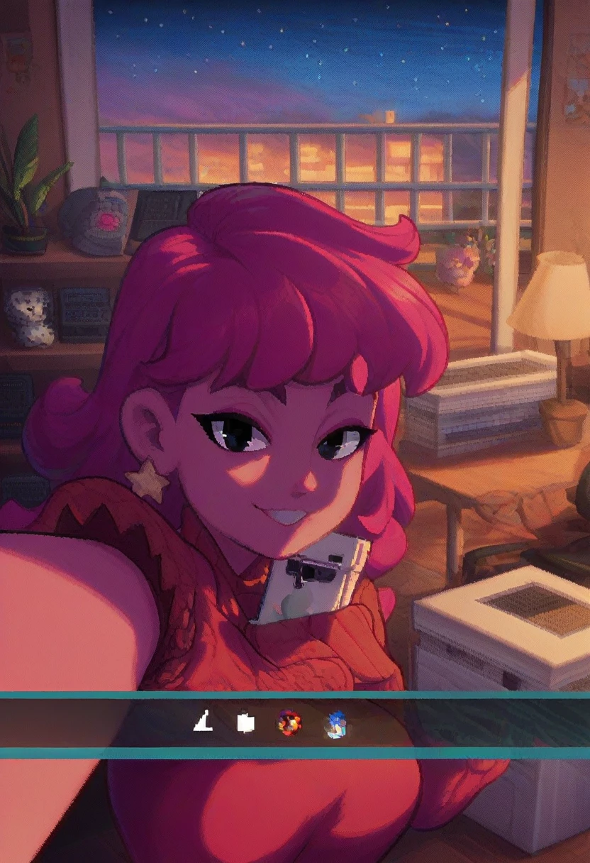 pixel art, Veronica Cipher ((upper body selfie, hapiness的)), Masterpiece, Superior quality, ultra detailed, alone, exterior, (evening), ROOM, gamer, (Star, officer) hapiness, hapiness的, sweater, have, wood, Get rich, shadow, Compared, clear sky, analogy style (View viewer:1.2) (texture) (film grain: 1.3), (cold colors, pastel colors): 1.2), close up, movie light, Side light, ultra high resolution, 背心shadow, RAW, wear a sweater, Kodak Vision 3, girl, black eyes, black fur, wide, messy fur, Intense pink skin, blouse hello kitty.