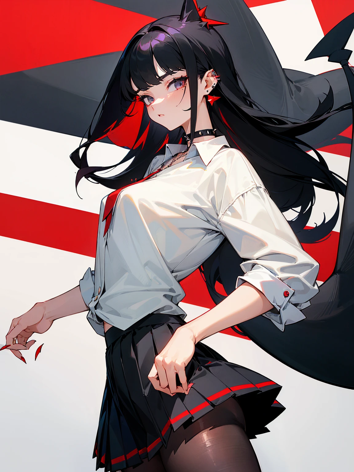 ((Long Straight Black hair)), Perfect face, Choker, Punk earrings, ((Tall)), ((High Quality)), Necklace, ((Mature)), Pretty Eyes, Sharp Nails, Bangs, ((1 Girl)), ((Multiple Earrings)), 1 girl, Spiky Earrings, Adult, Spiked Collar, Thin Eyelashes, Plain Background, Red Colors in Background, Shark Girl, Long Tail, Large Tail, Massive Tail, Shark Tail, ((Black Pleated Skirt With Lines)), ((White Buttoned Shirt)), Close Up, Very Short Mini Skirt, Tall, Long Legs, Dynamic Pose, Black Tail, 2 moles under left eye, Wide Hips, Pantyhose, Thick Thighs, Vibrant Colors,