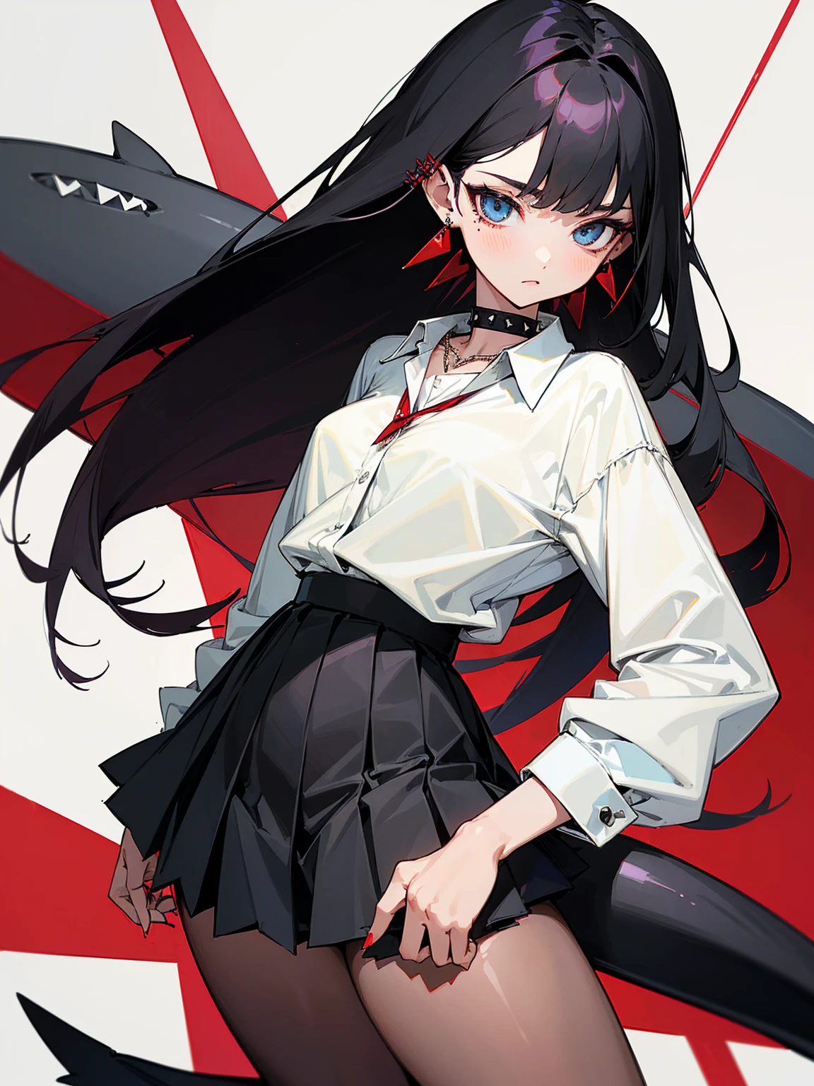 ((Long Straight Black hair)), Perfect face, Choker, Punk earrings, ((Tall)), ((High Quality)), Necklace, ((Mature)), Pretty Eyes, Sharp Nails, Bangs, ((1 Girl)), ((Multiple Earrings)), 1 girl, Spiky Earrings, Adult, Spiked Collar, Thin Eyelashes, Plain Background, Red Colors in Background, Shark Girl, Long Tail, Large Tail, Massive Tail, Shark Tail, ((Black Pleated Skirt With Lines)), ((White Buttoned Shirt)), Close Up, Very Short Mini Skirt, Tall, Long Legs, Dynamic Pose, Black Tail, 2 moles under left eye, Wide Hips, Pantyhose, Thick Thighs, Vibrant Colors,