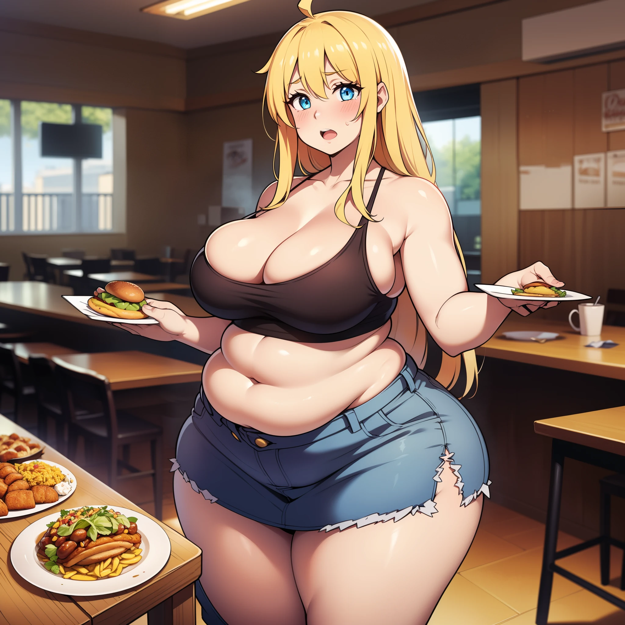 ((highres)), Masterpiece, high quality, best quality, beautiful, perfect lighting, detailed face, ultra cute face, full body, (cowboy shot), ((1girl)), ((solo)), skindentation, messy blonde hair, blue eyes, ((blush)), shocked, short skirt, tank top, thighs clothes, full body, standing in a fast food restaurant, table full of food, intricate background, large breasts, perky breasts, cleavage, ((wide hips)), ((thick thighs)), ((plump)), pudgy belly, fat folds, belly hang, holding a plate of food,