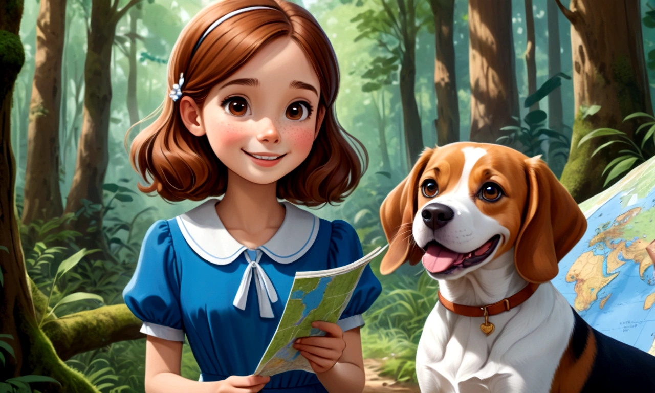 Draw a young girl with brown hair and a blue dress. with a look of happiness having found a map in dense forest looking at the map. Next to her a happy brown and white beagle