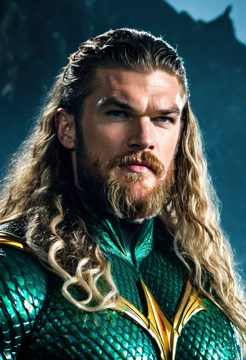 (((Extremely close-up Alan Ritchson under the mantle of Arthur Curry aka Aquaman long hair Long finely groomed beard suit Aquaman Dc universe front images color images Splash)))