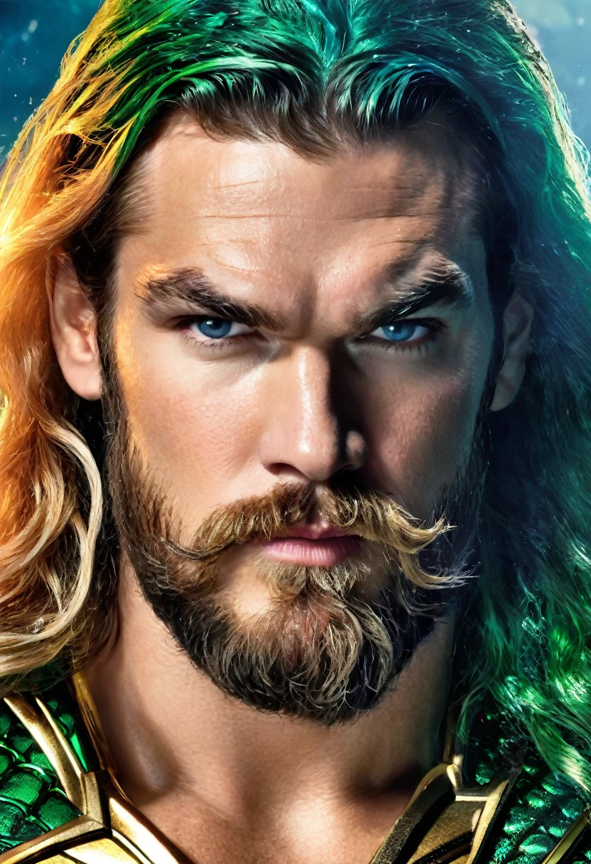 (((Extremely close-up Alan Ritchson under the mantle of Arthur Curry aka Aquaman long hair Long finely groomed beard suit Aquaman Dc universe front images color images Splash)))