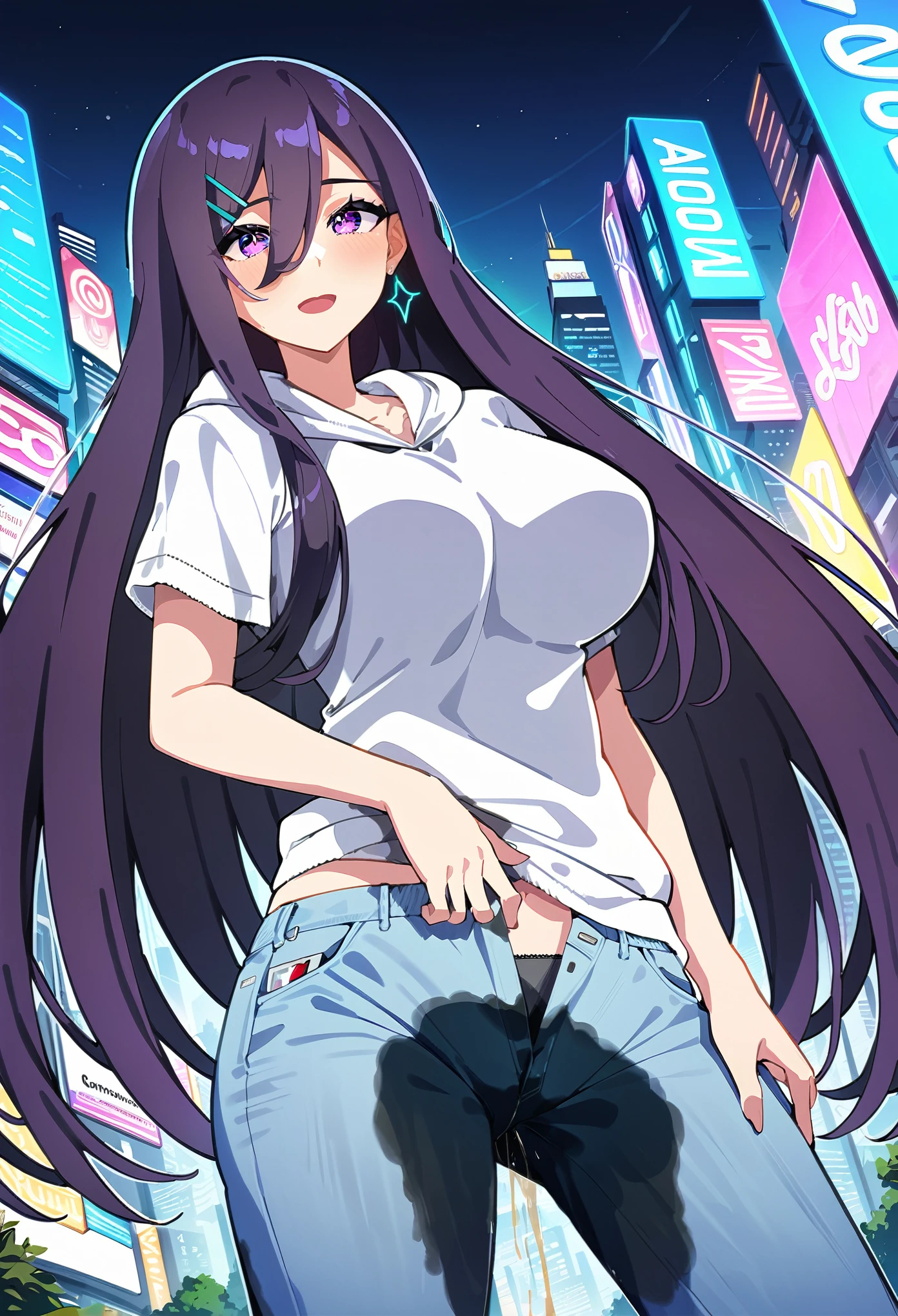 (masterpiece:1.37), best quality, (extremely detailed:1.37), woman, mature, adult, large breasts, (very long hair:1.5), dark purple hair, purple eyes, (extremely detailed eyes:1.37), hoodie, jeans, open fly, desperation, (wetting: self 3.0), standing, city, futuristic, neon lighting, high-tech, street
