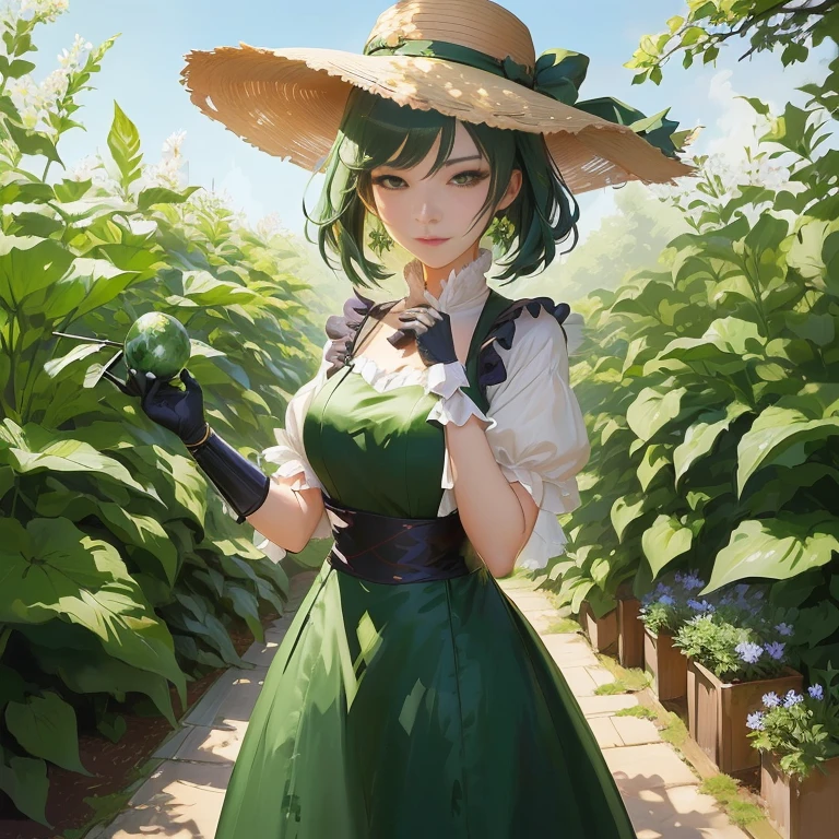 anime girl in a green dress and hat standing in a garden, guweiz, anime lush john 8k woods, , she is the center of the garden, makoto, in the garden, in dress, made with anime painter studio, artwork in the style of guweiz, makoto shinka, in a garden