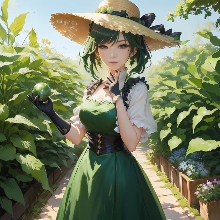 anime girl in a green dress and hat standing in a garden, guweiz, anime lush john 8k woods, , she is the center of the garden, makoto, in the garden,  in dress, made with anime painter studio, artwork in the style of guweiz, makoto shinka, in a garden