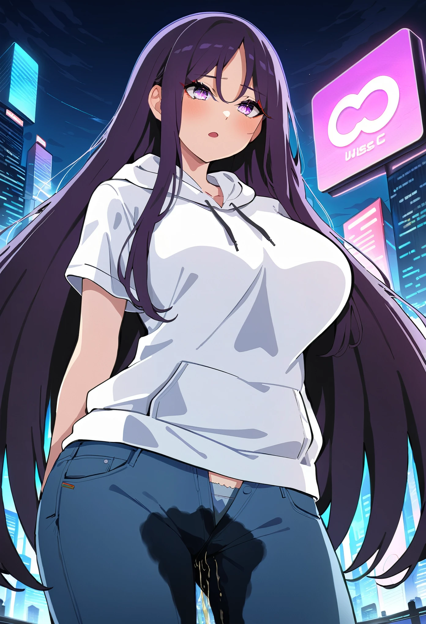 (masterpiece:1.37), best quality, (extremely detailed:1.37), woman, mature, adult, large breasts, (very long hair:1.5), dark purple hair, purple eyes, (extremely detailed eyes:1.37), hoodie, jeans, open fly, desperation, (wetting: self 3.0), standing, city, futuristic, neon lighting, high-tech, street