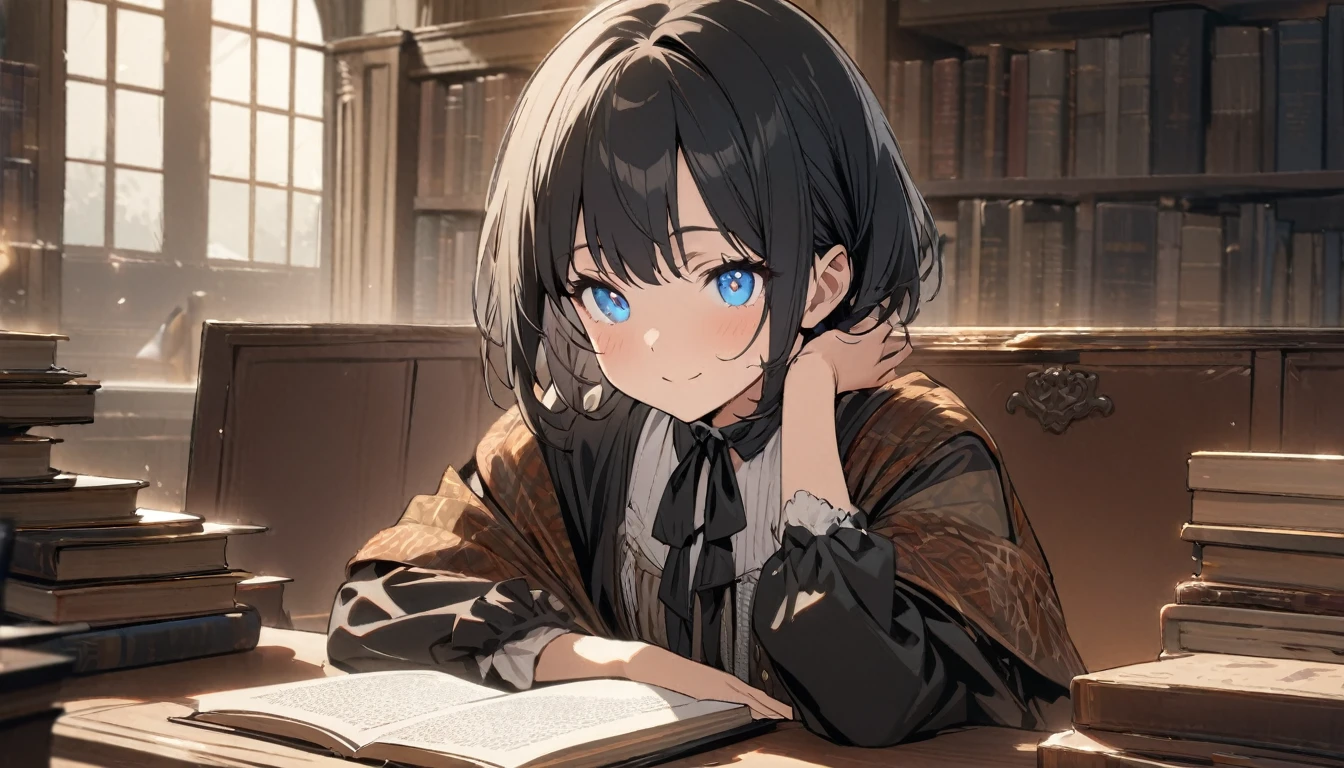1girl, solo, gentle smile on her face flat chest, short hair, blue eyes, (detailed eyes), black hair, upper body, ((masterpiece, illustration, best quality)) ((best quality)), ((masterpiece)), (detailed), perfect face, a girl in a library wearing formal vintage clothes while sitting on a chair with a table of books on it
