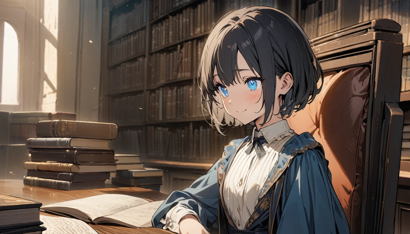1girl, solo, gentle smile on her face flat chest, short hair, blue eyes, (detailed eyes), black hair, upper body, ((masterpiece, illustration, best quality)) ((best quality)), ((masterpiece)), (detailed), perfect face, a girl in a library wearing formal vintage clothes while sitting on a chair with a table of books on it