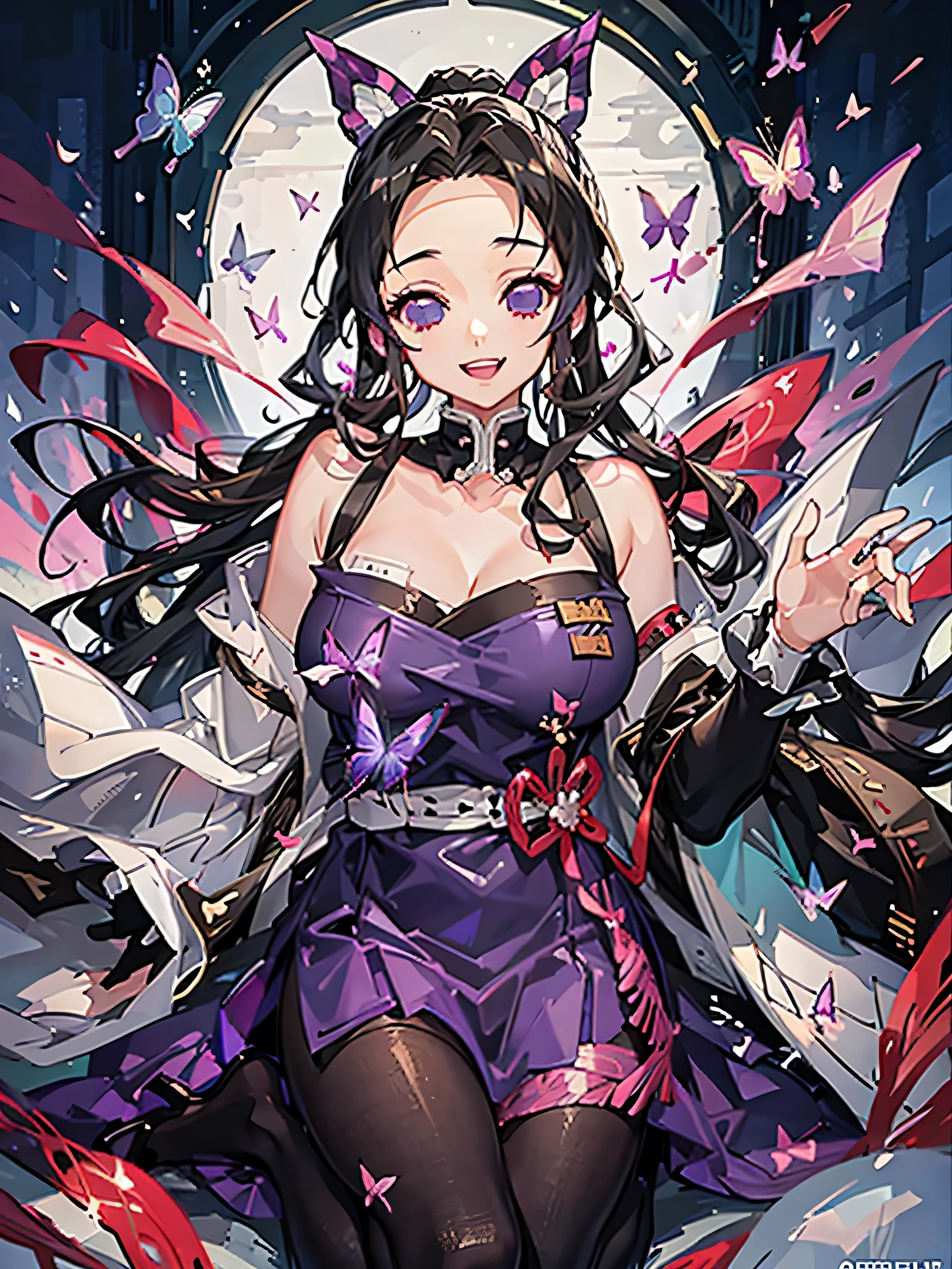 Full body photo shinobu kocho from demon slayer anime, at a Japanese royal palace room, beautiful woman, smiling, close eyes, dimples, sedutice expression, sexy dress, purple aura, butterfly wings, open breast