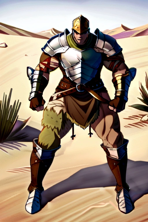 Solo Sexy anthro scalie dragon male mercenary medieval solider, slim endomorph muscular handsone model male apperance, sword scars, worn out rusty skimpy armament, low on hips heavy leather belt, old very worn out skimpy dirty linen material jockstrap, old yellow dirty worn out stains on white jockstrap, studded skimpy armlets breastplate armor, skimpy breastplate, leather bondages, fingerless leather gloves, smelly unwashed husk, dirty body look, desert battlefield, standing in sexy fighting position, close view of full character