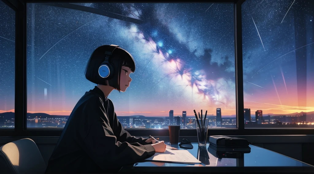 indoor, Wearing headphones, Studying in the room, Sit by the window, Contemplative posture, Look at the stars, head stuck to glass, landscape passing by at high speed, night travel, Beautiful starry sky, a beautiful girl with, bob cut,Bangs, Ultra HD Portraits, (high quality) (Super detailed) Looking at the audience dressed in hip-hop style streetwear; different, Colorful,