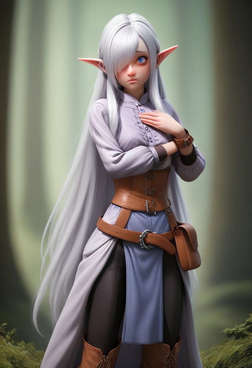 ((Best Quality)), (Masterpiece)), (Details: 1.4), Absurd Resolution, High Resolution, (Masterpiece: 1.4), Ultra Detailed, detailed gnome girl with pale skin, short stature, very long waist length silver hair that curls at the ends, covering one eye, with small breasts, pouty lips, and bright blue anime-style eyes with long lashes, wearing a corset, white puffy long sleeved shirt, and puffy cloth pants, leather bound boots, set in a windy fantasy landscape, (best quality,4k,8k,highres,masterpiece:1.2),ultra-detailed, dungeons and dragons, long elf ears, small girl, detailed skin and cloth textures, cute detailed face, intricate details, extremely detailed, 1girl, dynamic pose with hair covering one eye, shy personality, puffy cloth pants with leather belt, detailed privateer outfit, detailed buccaneer outfit, pouch on belt, wearing ornate leather armor with fur trim, silver inlay detail, wearing fur trimmed boots, wearing fur trimmed gloves, short, short height, halfing girl, small girl, very long hair