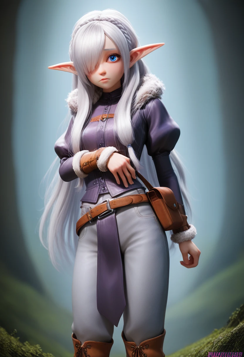 ((Best Quality)), (Masterpiece)), (Details: 1.4), Absurd Resolution, High Resolution, (Masterpiece: 1.4), Ultra Detailed, detailed gnome girl with pale skin, short stature, very long waist length silver hair that curls at the ends, covering one eye, with small breasts, pouty lips, and bright blue anime-style eyes with long lashes, wearing a corset, white puffy long sleeved shirt, and puffy cloth pants, leather bound boots, set in a windy fantasy landscape, (best quality,4k,8k,highres,masterpiece:1.2),ultra-detailed, dungeons and dragons, long elf ears, small girl, detailed skin and cloth textures, cute detailed face, intricate details, extremely detailed, 1girl, dynamic pose with hair covering one eye, shy personality, puffy cloth pants with leather belt, detailed privateer outfit, detailed buccaneer outfit, pouch on belt, wearing ornate leather armor with fur trim, silver inlay detail, wearing fur trimmed boots, wearing fur trimmed gloves, short, short height, halfing girl, small girl, very long hair