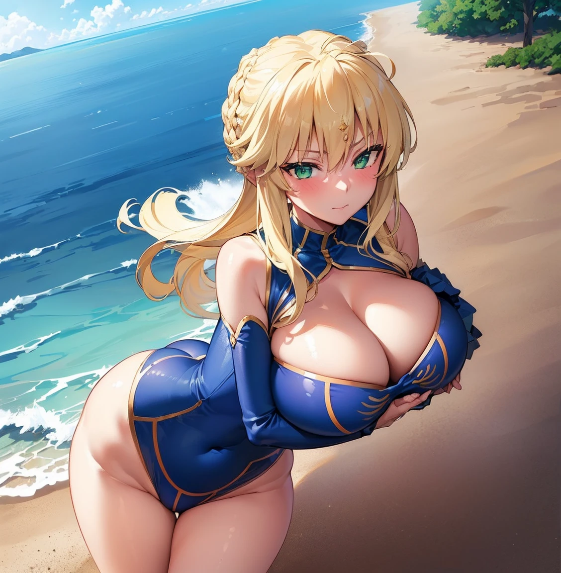 ((1girl)), ((alone)),artoria pendragon, ((extremely detailed CG unity 4k wallpaper)), (masterpiece), (ultra quality), (ultra detailed), (best illustration), (best shadow), (extremely detailed), looking at viewer, (absurdities), (detailed background), curvy body, dynamic pose, cowboy photo, large breasts, medium waist, wide hips, wide thighs, round butt,((woman mature, French braid, blonde hair, green eyes: 1.4 ), (swimsuit, blue bikini, blue bra, blue panties, smile, closed mouth)), standing, cowboy photo, backlight, ((solo)), ((standing: 1.4, outdoor, beach, sea, sunny, clouds, sand, (serious expression, blushing, ,sexy, closed mouth, sexy pose), looking forward, ((focus on breasts), period view: (from above), perfect anatomy, perfect hands,