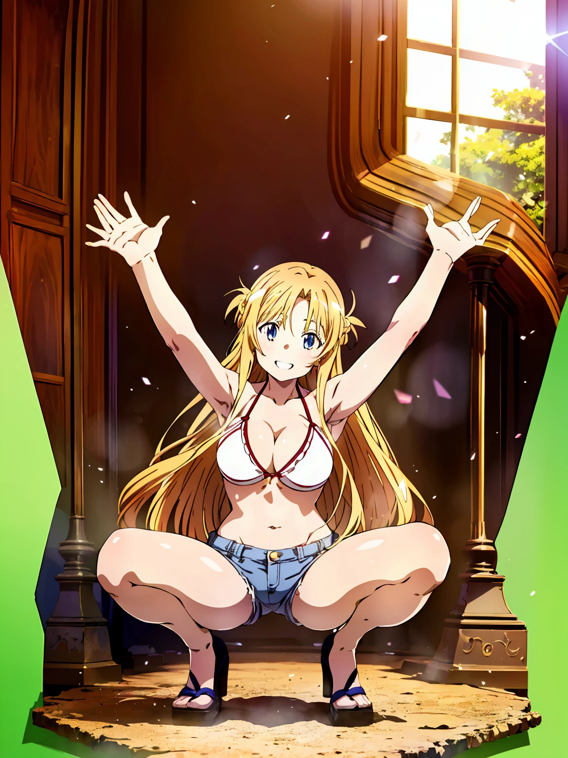 (big breasts, long hair, blonde hair)), (((anime girl))), asuna, daylight sunlight, ((full body)), arms up, armpits, ((shorts, upshorts, squatting, spread legs)), (extremely detailed 8k cg wallpaper), (extremely delicate and beautiful), (Masterpiece artwork), (the best quality: 1.0), (ultra resolution: 1.0), beautiful lighting, realistic shadows, [high resolution], Detailed aspects, ultra detailed, (smiling, teeth), cleavage, bikini top only, (detailed eyes:1.0, perfect eyes)