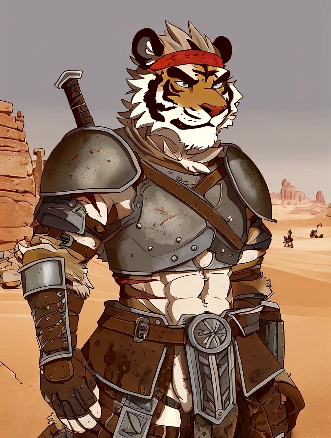 Solo Sexy anthro furry tiger male mercenary medieval solider, slim endomorph muscular handsone model male apperance, headband, sword scars, worn out rusty skimpy armament, low on hips heavy leather belt, old very worn out skimpy dirty linen material jockstrap, old yellow dirty worn out stains on white jockstrap, studded skimpy armlets breastplate armor, skimpy breastplate, leather bondages, fingerless leather gloves, smelly unwashed furr, dirty body look, desert battlefield, standing in sexy fighting position, close view of full character