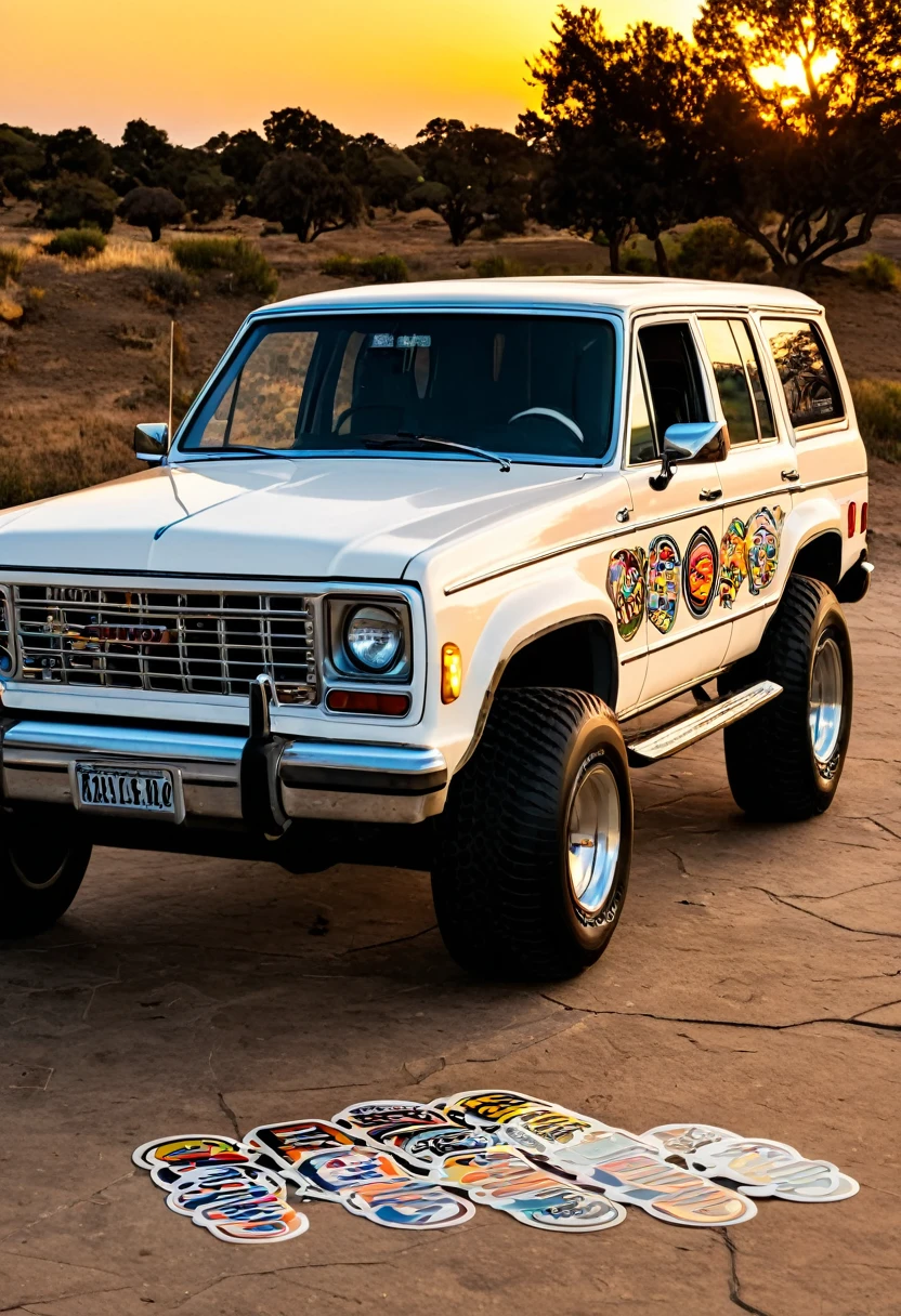 A white vintage suv in the sunset, skate stickers on the suv