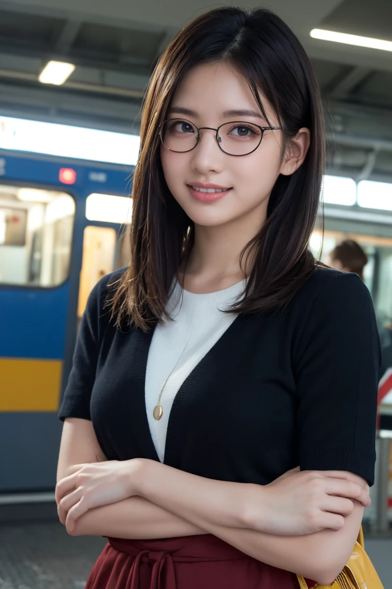 (8K、Raw photo、Highest quality、masterpiece:1.2)、(Realistic、Photorealistic:1.37)、Ultra-detailed、Ultra-high resolution、1 girl、Seeing the viewer、Beautifully detailed face、Laughter、narrow、(Slim waist) :1.3)、shortcut、Beautifully detailed skin、Skin Texture、Floating Hair、Professional Lighting、Waiting for the train on the platform、Black-rimmed square glasses 、Human whole body、Brown Hair、