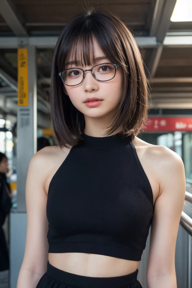 (8K、Raw photo、Highest quality、masterpiece:1.2)、(Realistic、Photorealistic:1.37)、Ultra-detailed、Ultra-high resolution、1 girl、Seeing the viewer、Beautifully detailed face、Laughter、narrow、(Slim waist) :1.3)、shortcut、Beautifully detailed skin、Skin Texture、Floating Hair、Professional Lighting、Waiting for the train on the platform、Black-rimmed square glasses 、Human whole body、Brown Hair、