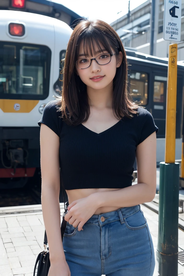 masterpiece、8K、32K、top-quality、(A detailed eye)、(A cute Japanese woman)、23years old、(2 girls in:1.4)、elegent、(Detailed background depiction), BREAK (pastel color camisole:1.2), BREAK (miniskirt:1.3)、Japan alley、is standing、Sunlight、during daytime、(smile:1.2)、(cowboy shot),(braless:1.4),(slender body:1.5),(Black very short wavy pixie hair over one eye:1.3),cleavage,Glasses