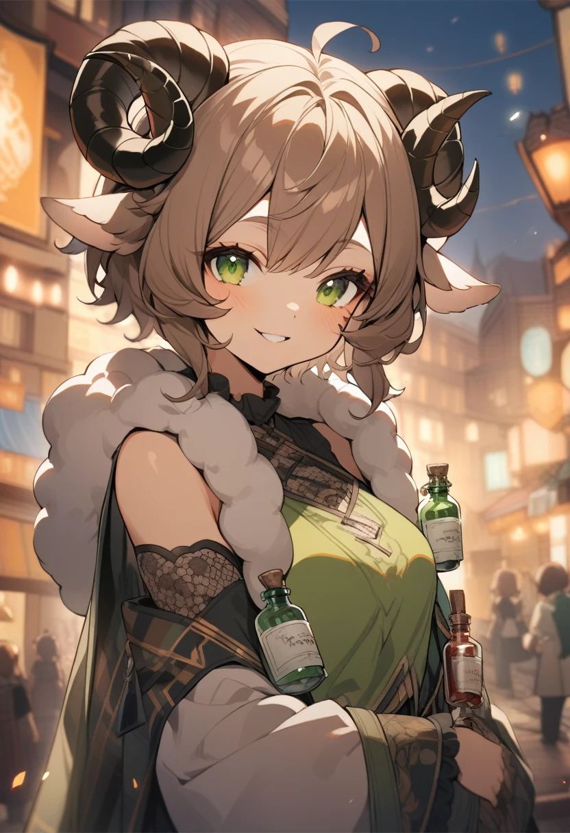 1girl, smiling, sheep satyr, sheep ears, sheep horns, sheep eyes, curly brown hair, short hair, slightly smudged makeup, expensive clothing, potions, blurred fantasy city background