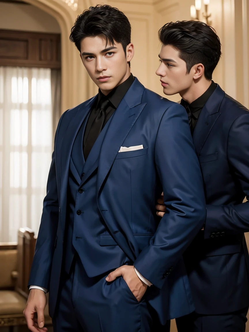 ((masterpiece)),((best quality)),8K,high detail,Very detailed, Very manly,3 men, like,fashion pose, Realistic skin texture, Light,
Royal blue style couple,Perfect hand details