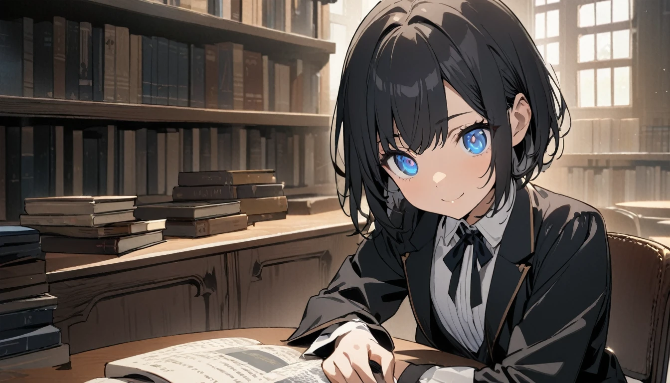 1girl, solo, gentle smile on her face flat chest, short hair, blue eyes, (detailed eyes), black hair, upper body, ((masterpiece, illustration, best quality)) ((best quality)), ((masterpiece)), (detailed), perfect face, a girl in a library wearing formal clothes while sitting on a chair with a table of books on it