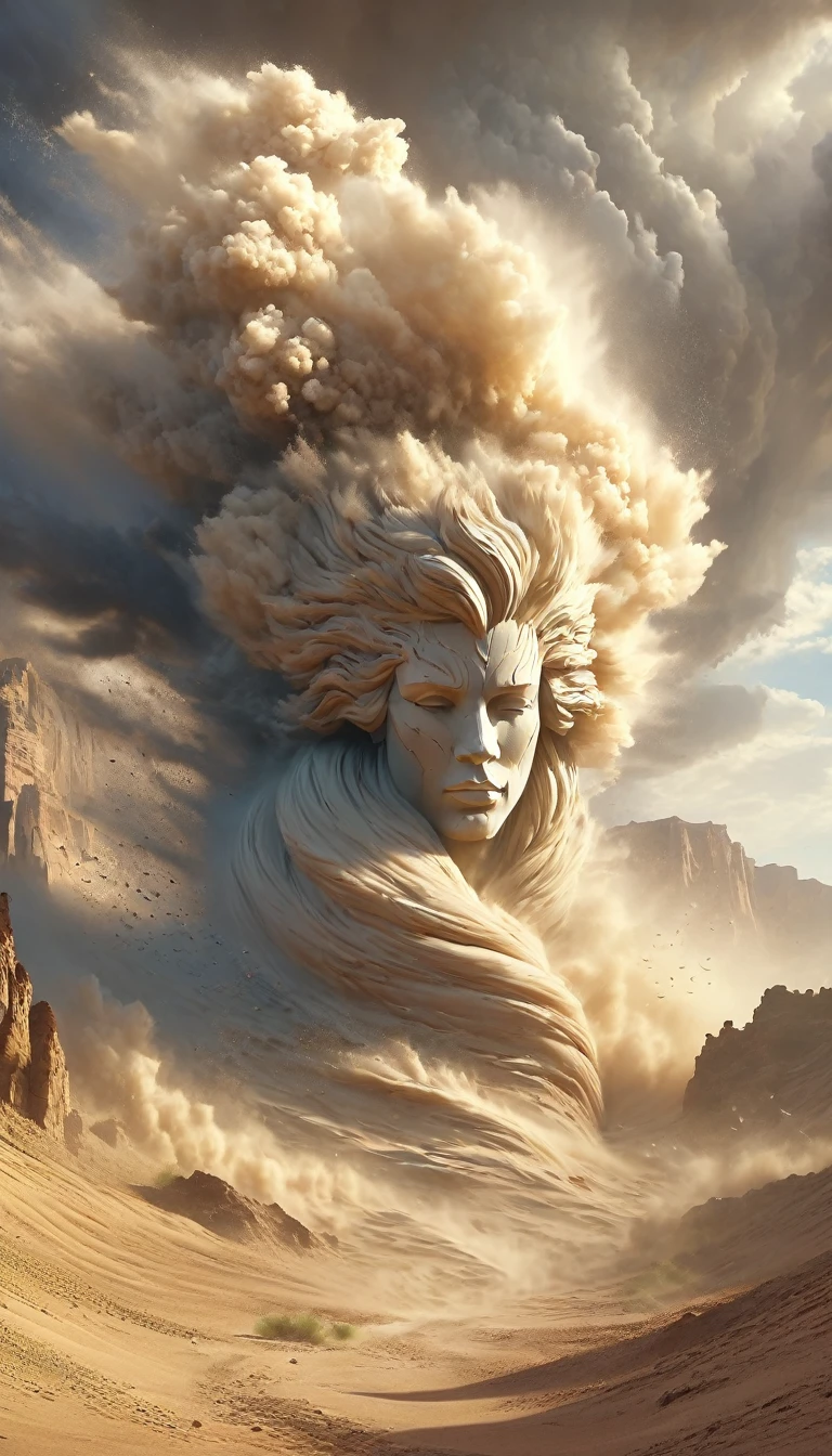 (Desert Canyon:1.5),A narrow canyon in the middle of the desert,Sandstorm,tornado, in the style of photograph realistic landscapes, stone sculptures, Cabin Core, stone, in the style of photograph realistic landscapes, Cabin Core, Rolling Waves,Decorative background, photograph realistic landscapes, Large canvas format, 32K Ultra HD, photograph, The best quality of imaginary landscapes,4K,8K,High resolution,masterpiece:1.2),Very detailed,(Actual,Realistically,Realistically:1.37),