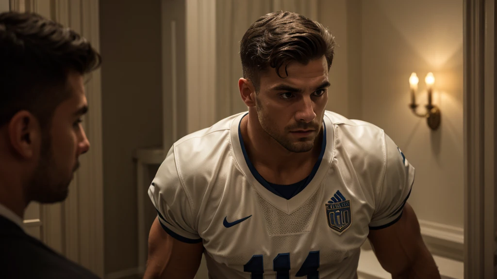 A realistic Greek white marble statue of thoughtful and determined football player, dressed in the ghostly Izzo jersey with faded numbers, fundo neutro, Moody, fotorrealista, absorbed in a thoughtful movie dinner scene, super detalhada, hiper realista, luzes brilhantes, 8K. The football player's intense gaze and expressive face convey deep concentration and focus, as if reliving past triumphs on the field. His short, messy hair frames a strong, chiseled jawline, and the dimly lit scene highlights the intricate details of the statue, from the folds in his toga to the lifelike veins on his hands