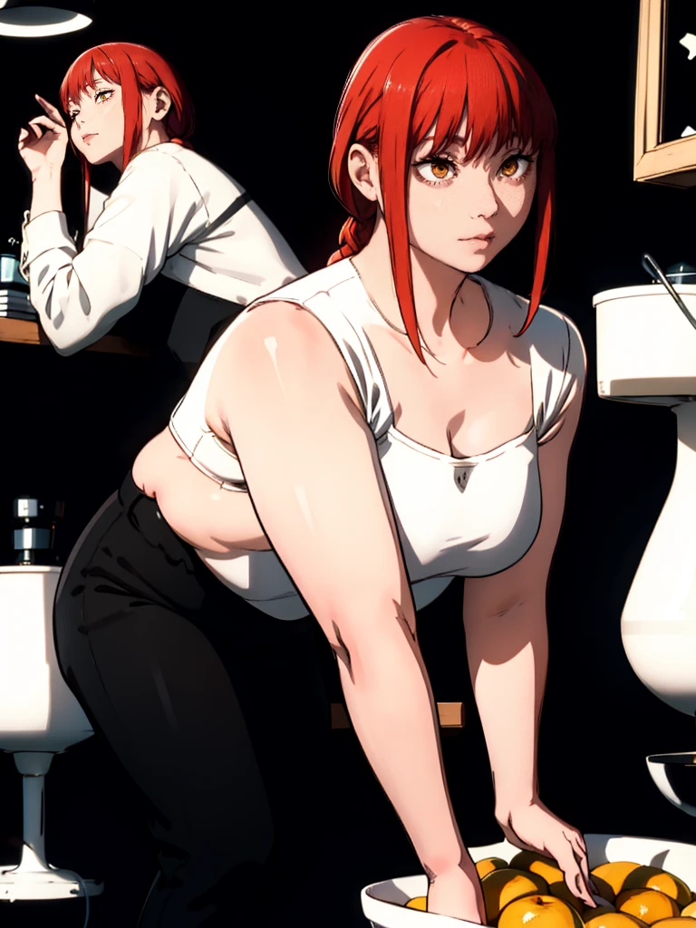 Le personnage Makima de la série animée Chainsaw Man, fragile, obésité morbide, ssbbw, pleine longueur (corps entier 1.1.), fond sombre, obscurité, anatomie correcte 1.1, anatomie correcte de la main, Très féminin, corps gras et rond, grosses Jambes, fesses, beau corps obèse, ventre rond et mou très gras, cheveux roux, Yeux oranges, Cercles rouges pour les écoliers, chemise blanche, jupe noire, cravate noire, pose sexy, réaliste, very détaillé, beau corps, détaillé body, détaillé hands, détaillé, vibrant, détaillé Face, Conception des personnages de Makima. very détaillé, détaillé body, détaillé hands, détaillé Face, Art animé, Hugh Détails, Visage très abattu, détaillé eyes, Illustration ultra fine, Meilleure ombre, détail fin, beautiful détaillé glow, beautiful détaillé, Extraordinairement beau, extremely détaillé, inexpressif, composition épique, Style animé. art animé, Style animé. Jupe noire, chemise blanche, cravatte, pose sexy. Double menton, visage très gras, grosses joues, joues potelées