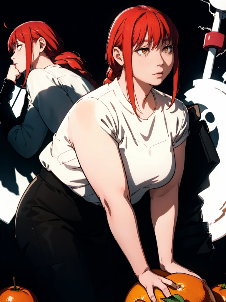 Le personnage Makima de la série animée Chainsaw Man, fragile, obésité morbide, ssbbw, pleine longueur (corps entier 1.1.), fond sombre, obscurité, anatomie correcte 1.1, anatomie correcte de la main, Très féminin, corps gras et rond, grosses Jambes, fesses, beau corps obèse, ventre rond et mou très gras, cheveux roux, Yeux oranges, Cercles rouges pour les écoliers, chemise blanche, jupe noire, cravate noire, pose , réaliste, very détaillé, beau corps, détaillé body, détaillé hands, détaillé, vibrant, détaillé Face, Conception des personnages de Makima. very détaillé, détaillé body, détaillé hands, détaillé Face, Art animé, Hugh Détails, Visage très abattu, détaillé eyes, Illustration ultra fine, Meilleure ombre, détail fin, beautiful détaillé glow, beautiful détaillé, Extraordinairement beau, extremely détaillé, inexpressif, composition épique, Style animé. art animé, Style animé. Jupe noire, chemise blanche, cravatte, pose . Double menton, visage très gras, grosses joues, joues potelées