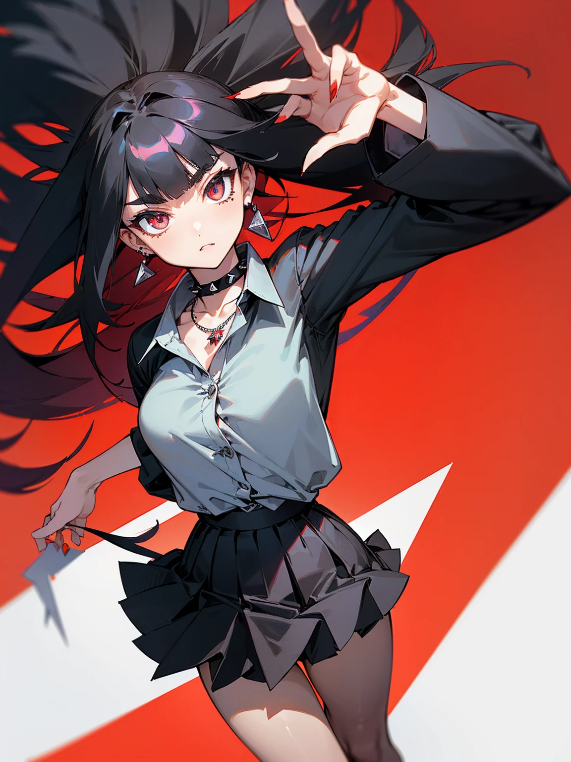 ((Long Straight Black hair)), Perfect face, Choker, Punk earrings, ((Tall)), ((High Quality)), Necklace, ((Mature)), Pretty Eyes, Sharp Nails, Bangs, ((1 Girl)), ((Multiple Earrings)), 1 girl, Spiky Earrings, Adult, Spiked Collar, Thin Eyelashes, Plain Background, Red Colors in Background, Shark Girl, Long Tail, Large Tail, Massive Tail, Shark Tail, ((Black Pleated Skirt With Lines)), ((White Buttoned Shirt)), Close Up, Very Short Mini Skirt, Tall, Long Legs, Dynamic Pose, Black Tail, 2 moles under left eye, Wide Hips, Pantyhose, Thick Thighs, Vibrant Colors,