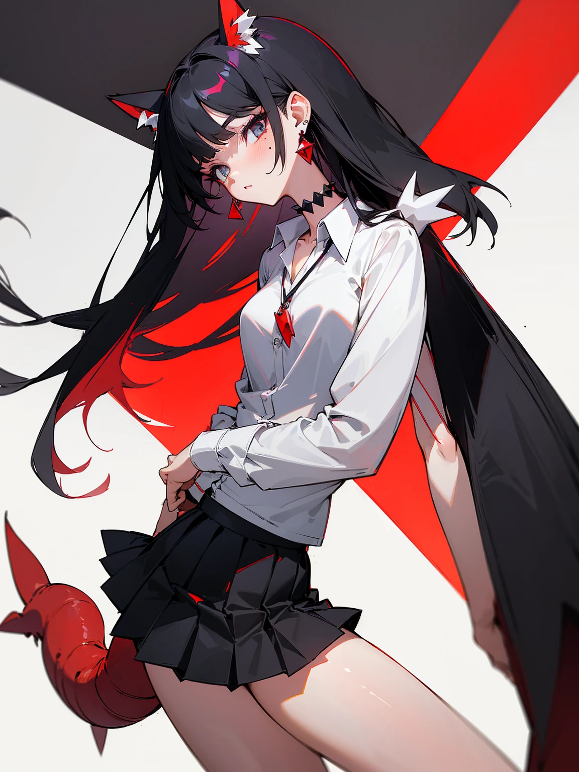 ((Long Straight Black hair)), Perfect face, Choker, Punk earrings, ((Tall)), ((High Quality)), Necklace, ((Mature)), Pretty Eyes, Sharp Nails, Bangs, ((1 Girl)), ((Multiple Earrings)), 1 girl, Spiky Earrings, Adult, Spiked Collar, Thin Eyelashes, Plain Background, Red Colors in Background, Shark Girl, Long Tail, Large Tail, Massive Tail, Shark Tail, ((Black Pleated Skirt With Lines)), ((White Buttoned Shirt)), Close Up, Very Short Mini Skirt, Tall, Long Legs, Dynamic Pose, Black Tail, 2 moles under left eye, Wide Hips, Pantyhose, Thick Thighs, Vibrant Colors,