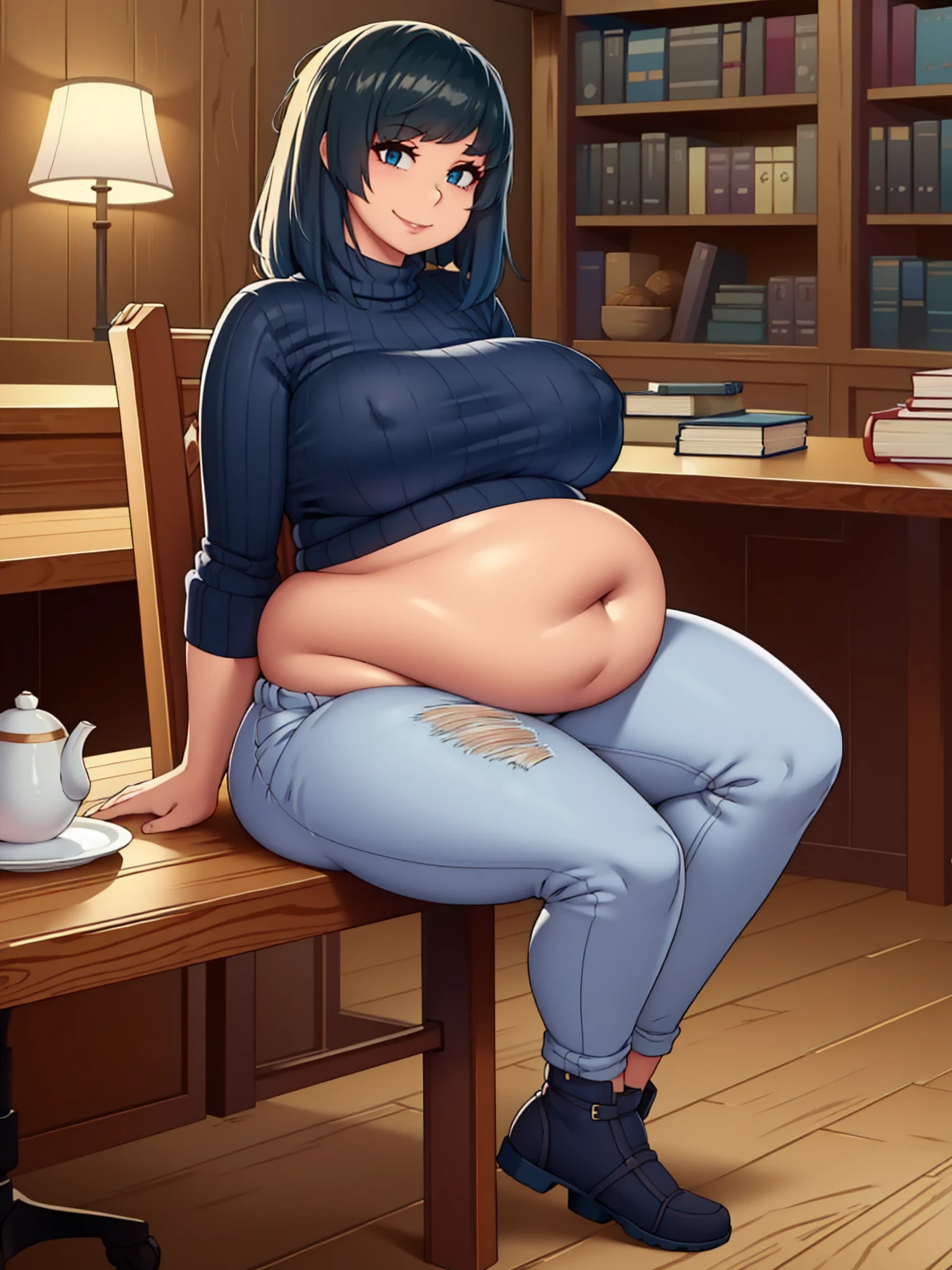 Book, (Full body:1.1)(Big breasts:1.2),smiling, flirty, cute Sfw, yelan, sweater, jeans, library sitting at table, wooden table, wooden chair, tablecloth, tea , looking at viewer, (chubby),