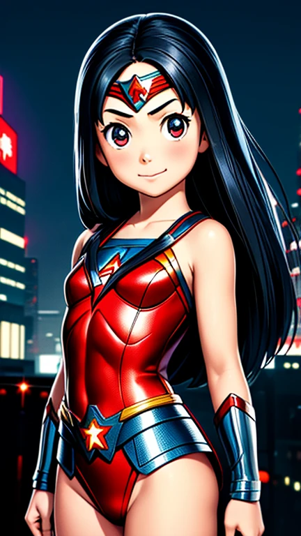 (8k),(masterpiece),(Japanese),(**-****-*** girl),((innocent look)),((Childish)),From the front,smile,cute,Innocent,Kind eyes,Flat chest, Wonder Woman,Long,Hair covered by helmet,Black Hair,Strong wind,night,dark, Neon light cyberpunk city, mighty atom